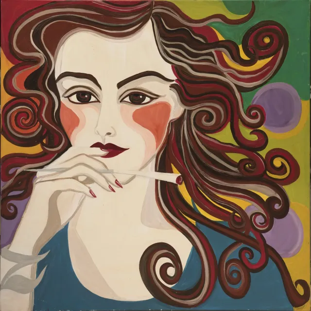 Femme stylisée aux cheveux bouclés et cigarette
