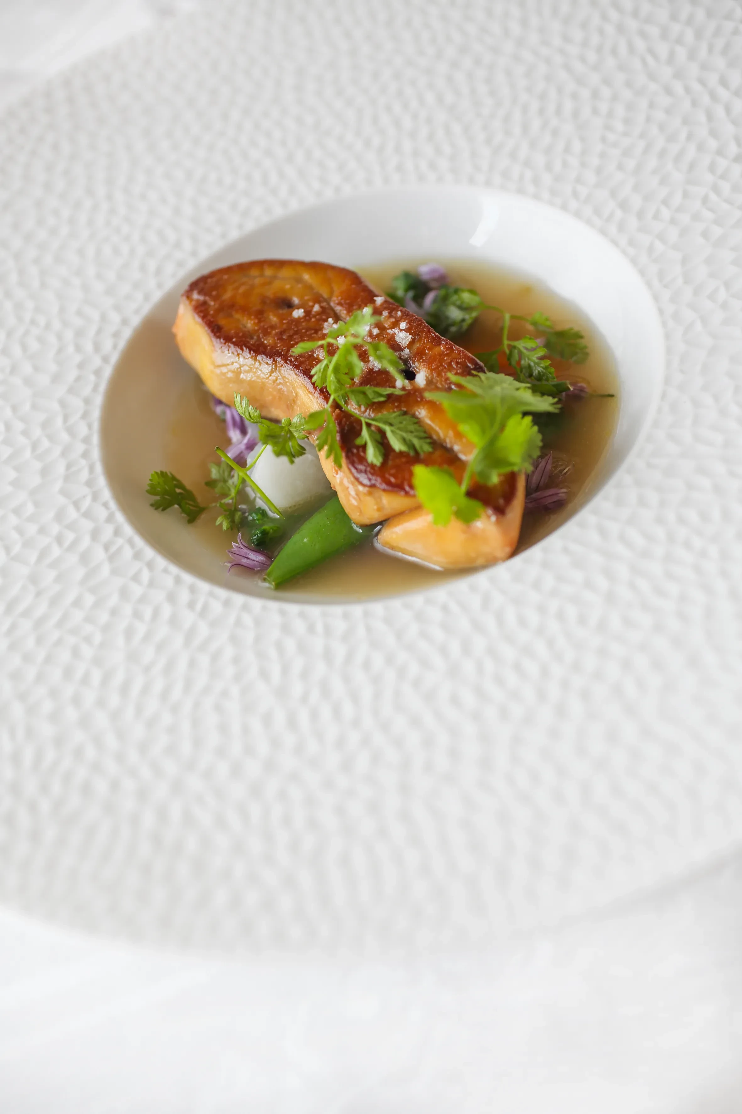 Plat gourmet avec poisson et herbes fraîches.